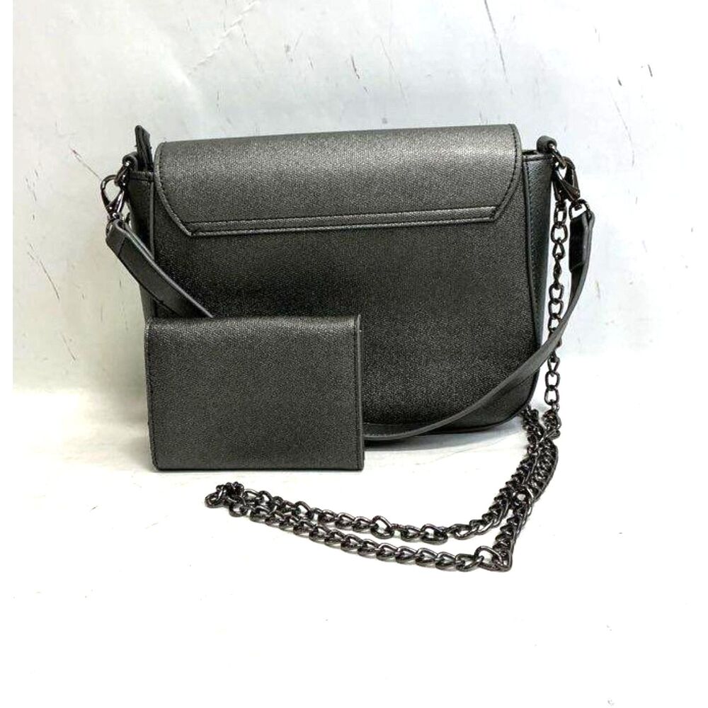 Mario Valentino Metallic Pewter PVC Chain Crossbody with Wallet - Picture 2 of 6